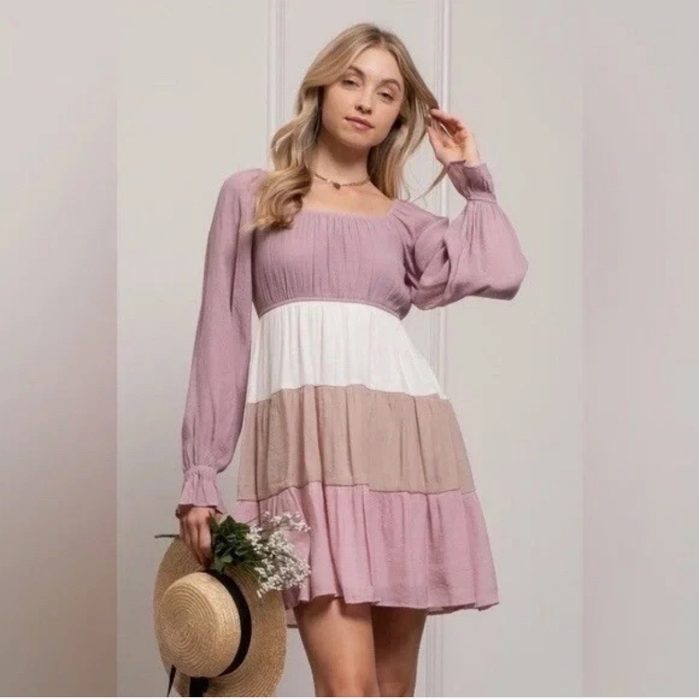 Blu Pepper Long Sleeve Colorblock Dress - Pink, White, Tan